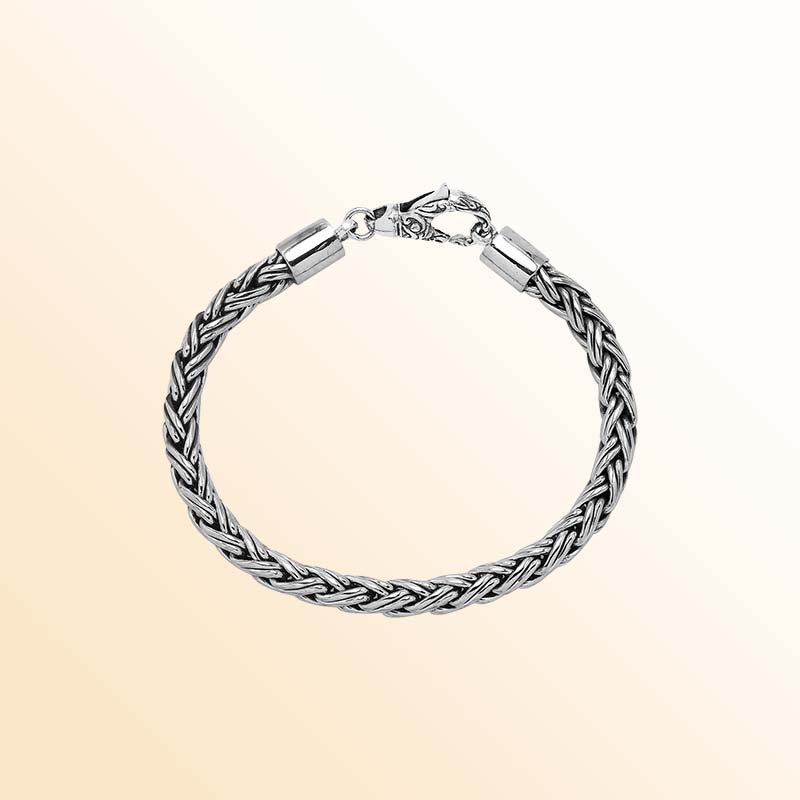 Handcrafted sterling silver Balinese wheat chain bracelet with hook clasp and oxidized detailing.