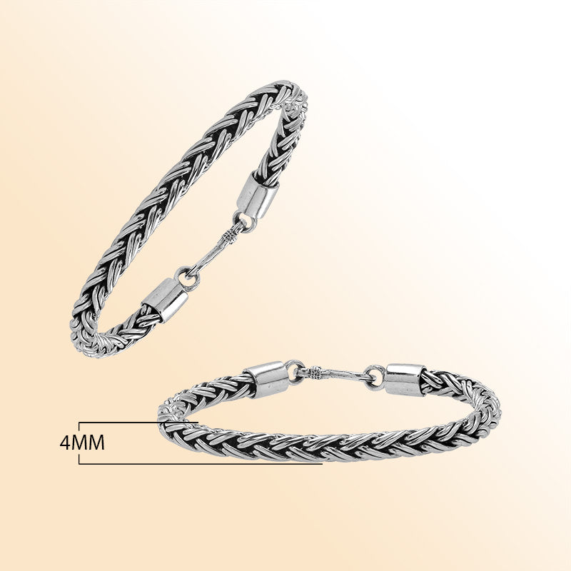 Handcrafted sterling silver Balinese wheat chain bracelet with hook clasp and oxidized detailing.
