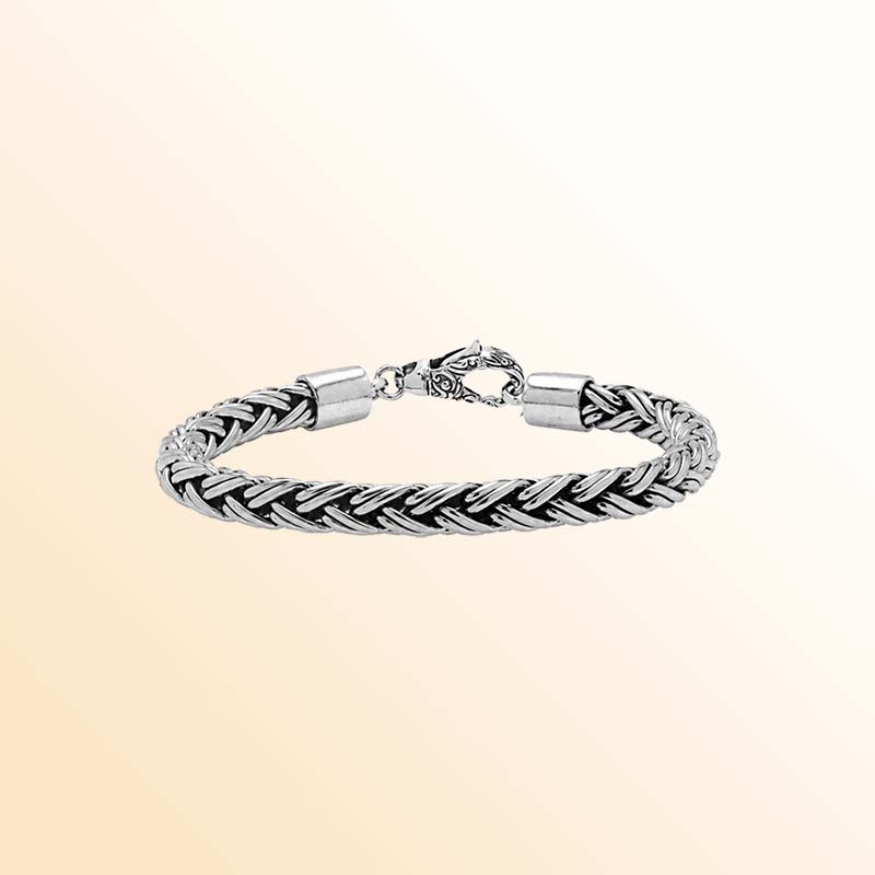Handcrafted sterling silver Balinese bracelet with thick wheat chain design and hook clasp.