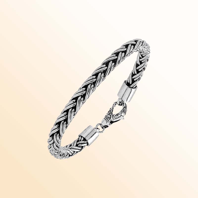 Handcrafted sterling silver Balinese bracelet with thick wheat chain design and hook clasp.