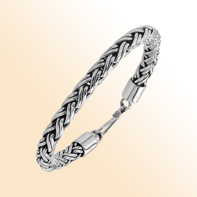 Sterling Silver Bali Handcrafted Braided Bracelet With Oxidized Finish And Lobster Clasp