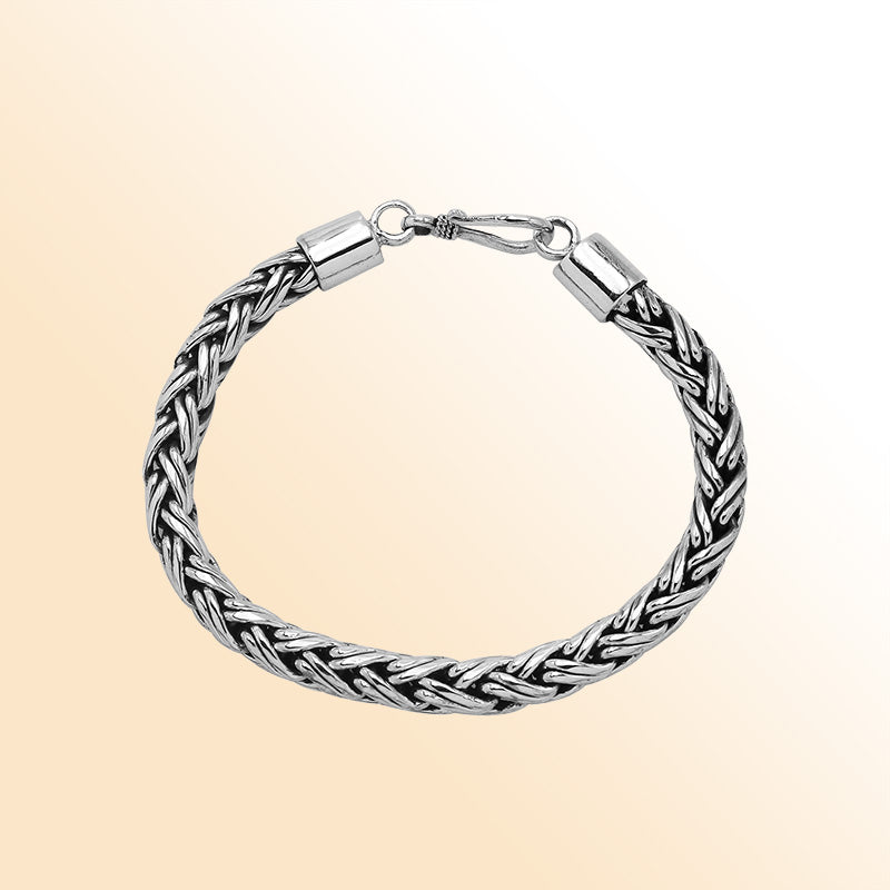 Handcrafted sterling silver Balinese bracelet with thick wheat chain design and hook clasp.