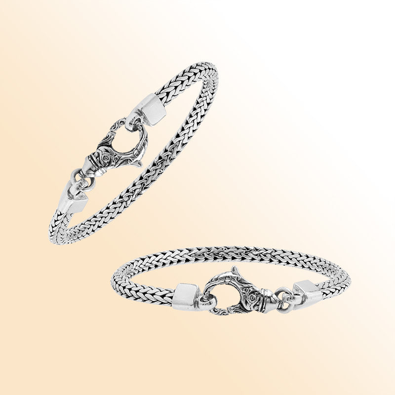 Retail sterling silver bracelet featuring a detailed 5MM Balinese woven chain with polished and oxidized finish secured with a sturdy lobster clasp for daily wear.