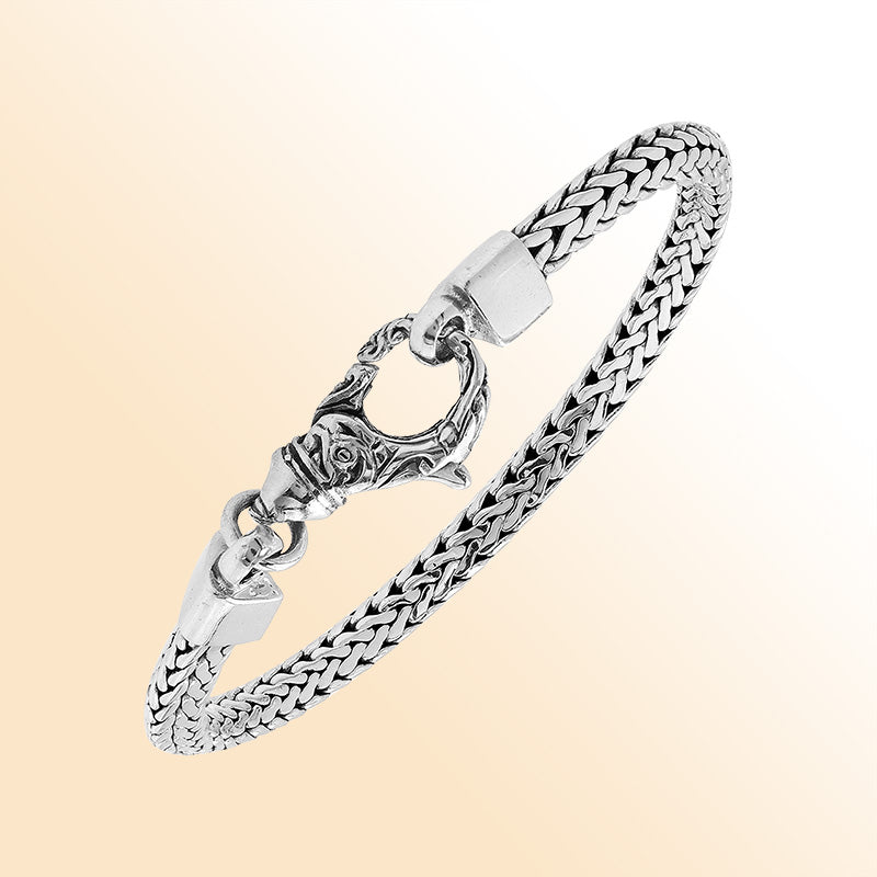 Retail sterling silver bracelet featuring a bold 6MM Balinese woven chain with polished and oxidized finish secured with a durable lobster clasp.