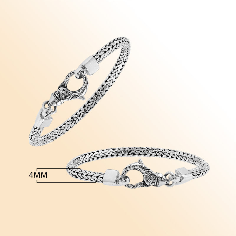Retail sterling silver bracelet featuring a classic 4MM Balinese woven chain with polished accents and a secure lobster lock for elegant daily wear.