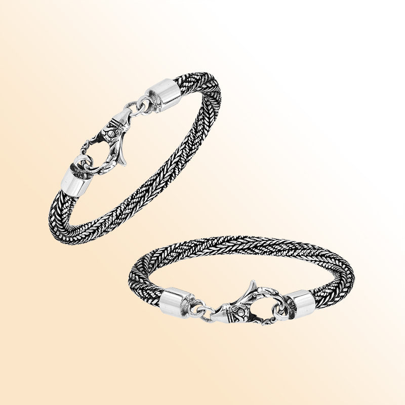 Retail sterling silver bracelet with a 5MM handwoven chain featuring oxidized detailing and a decorative lobster lock designed for elegant everyday styling.