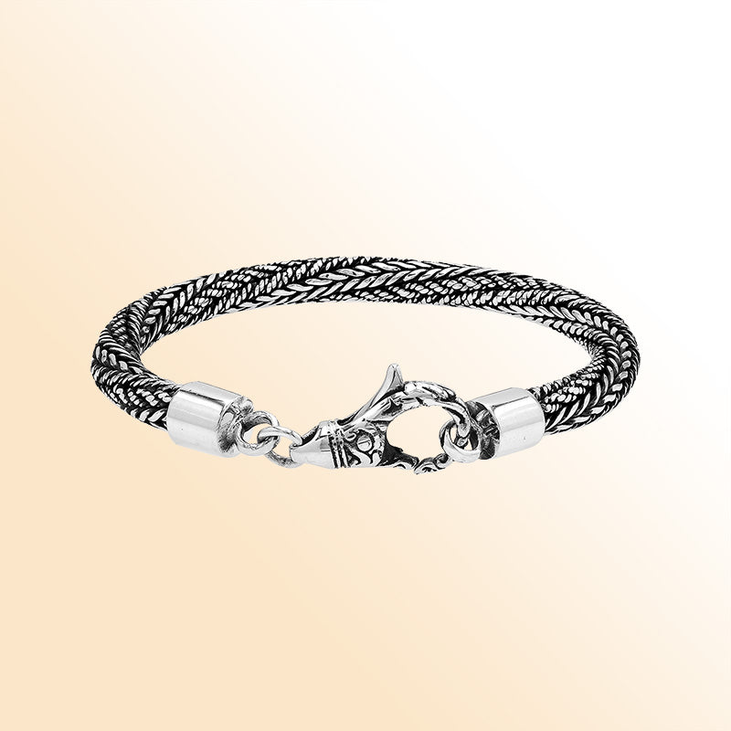 Retail sterling silver bracelet with a 5MM handwoven chain featuring oxidized detailing and a decorative lobster lock designed for elegant everyday styling.