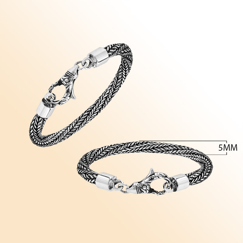 Retail sterling silver bracelet with a 5MM handwoven chain featuring oxidized detailing and a decorative lobster lock designed for elegant everyday styling.