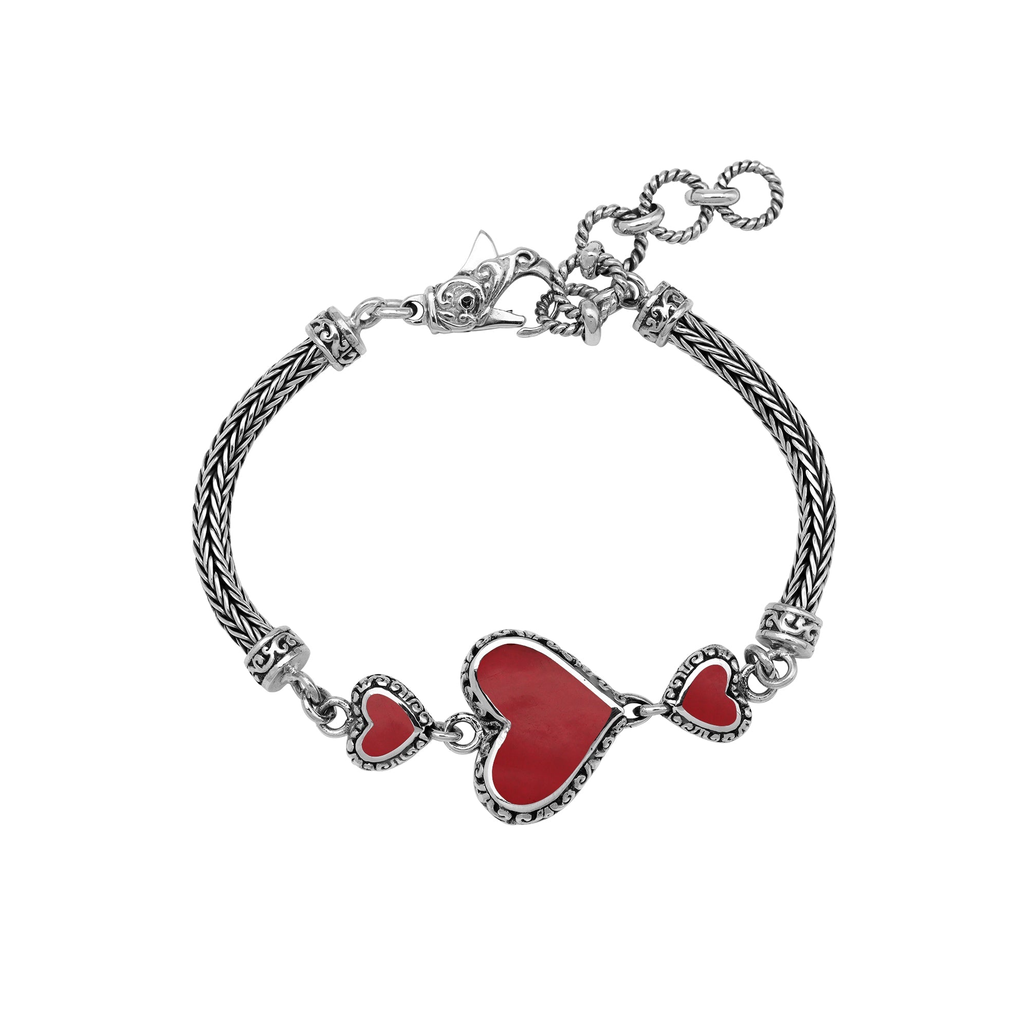 AB-7038-CR Sterling Silver Heart Shape Bracelet With Coral