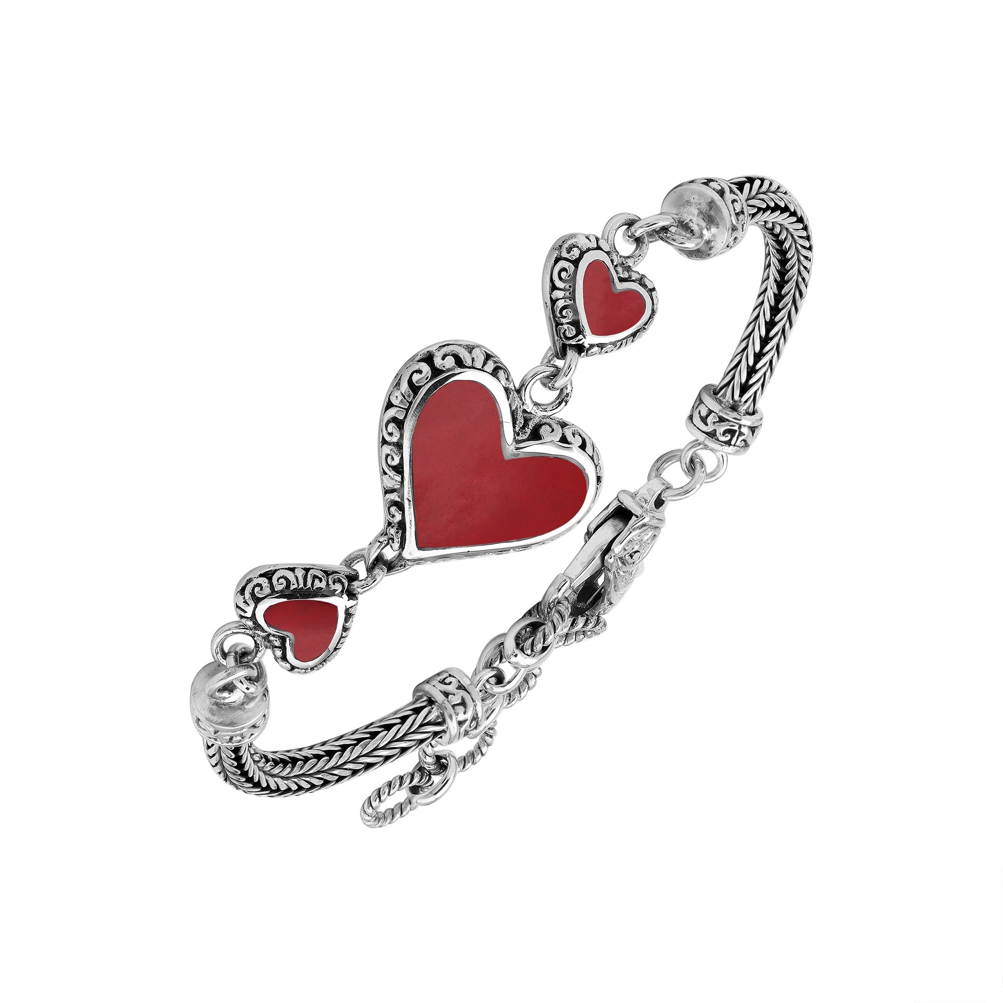 AB-7038-CR Sterling Silver Heart Shape Bracelet With Coral