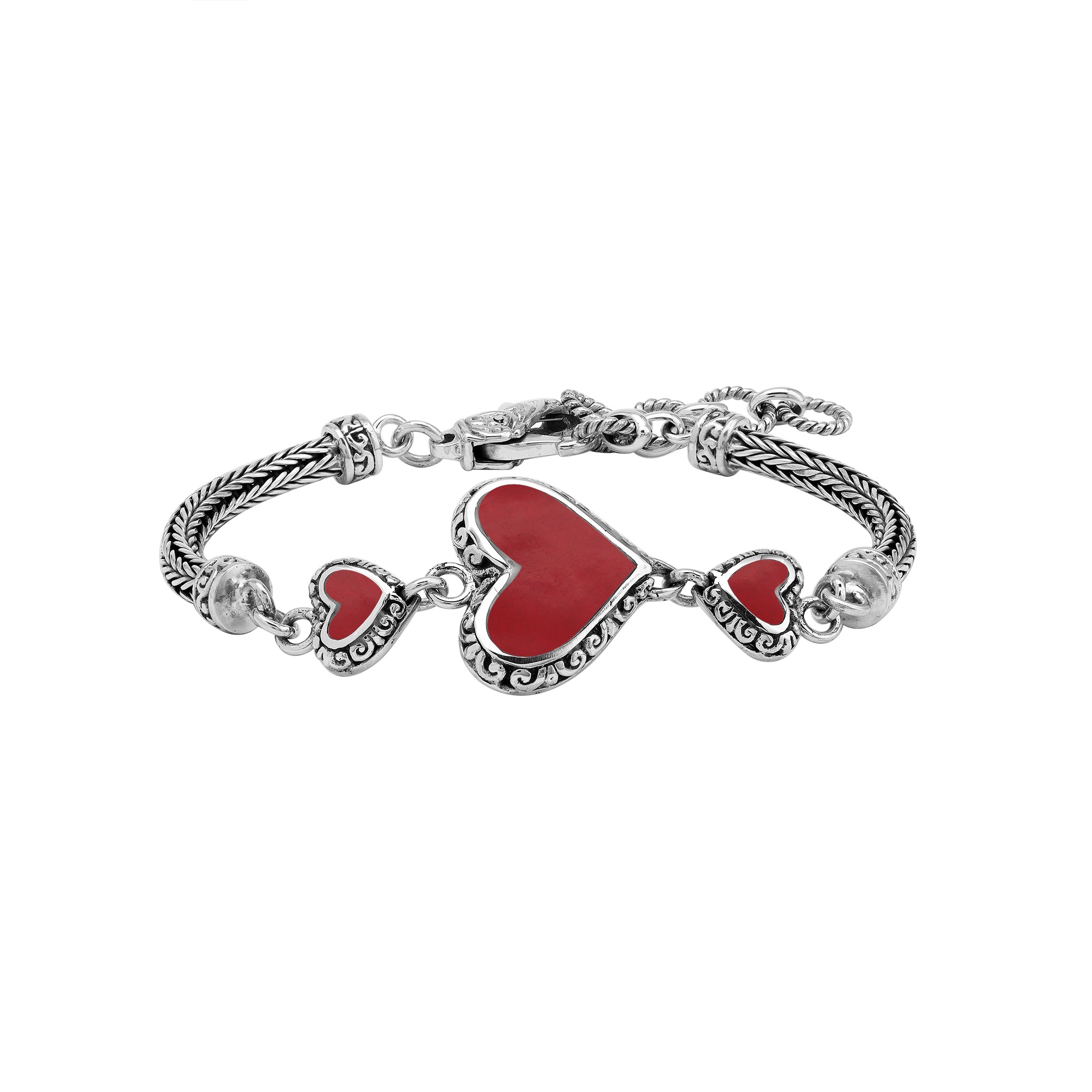 AB-7038-CR Sterling Silver Heart Shape Bracelet With Coral