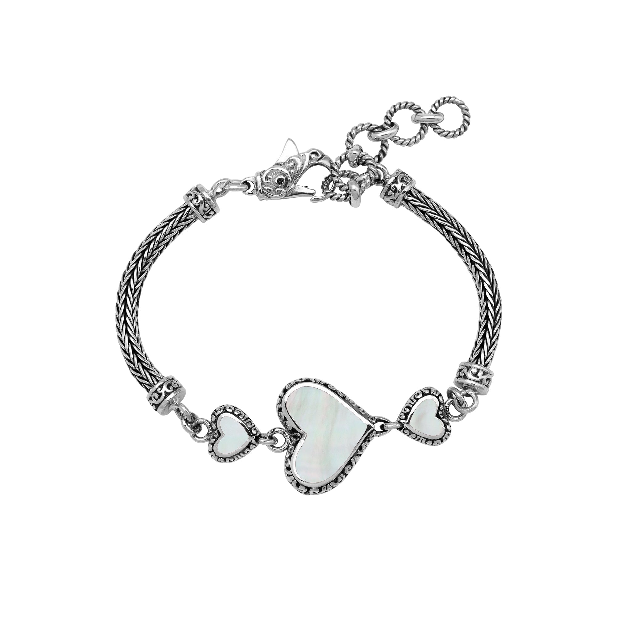 AB-7038-MOP Sterling Silver Heart Shape Bracelet With Mother Of Pearl