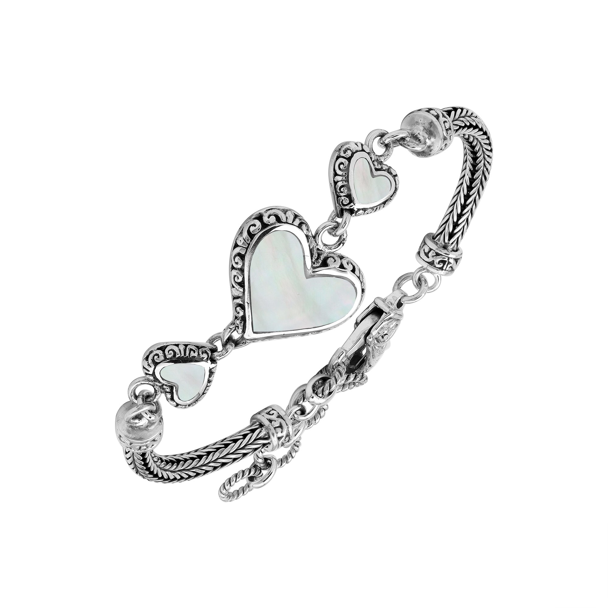 AB-7038-MOP Sterling Silver Heart Shape Bracelet With Mother Of Pearl