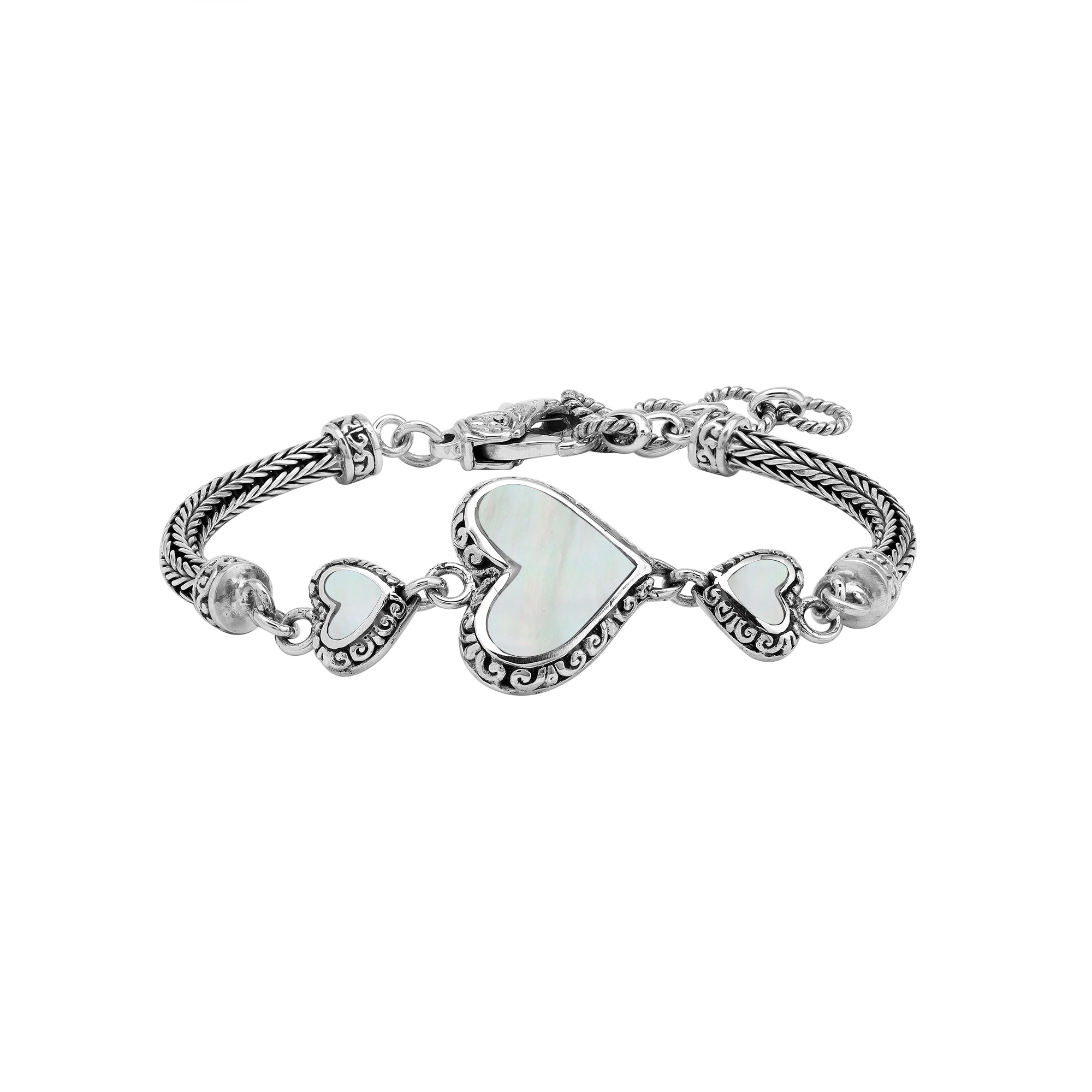 AB-7038-MOP Sterling Silver Heart Shape Bracelet With Mother Of Pearl