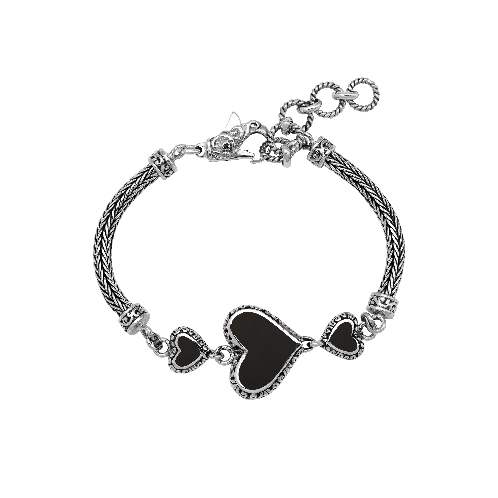 AB-7038-SHB Sterling Silver Heart Shape Bracelet With Black Shell