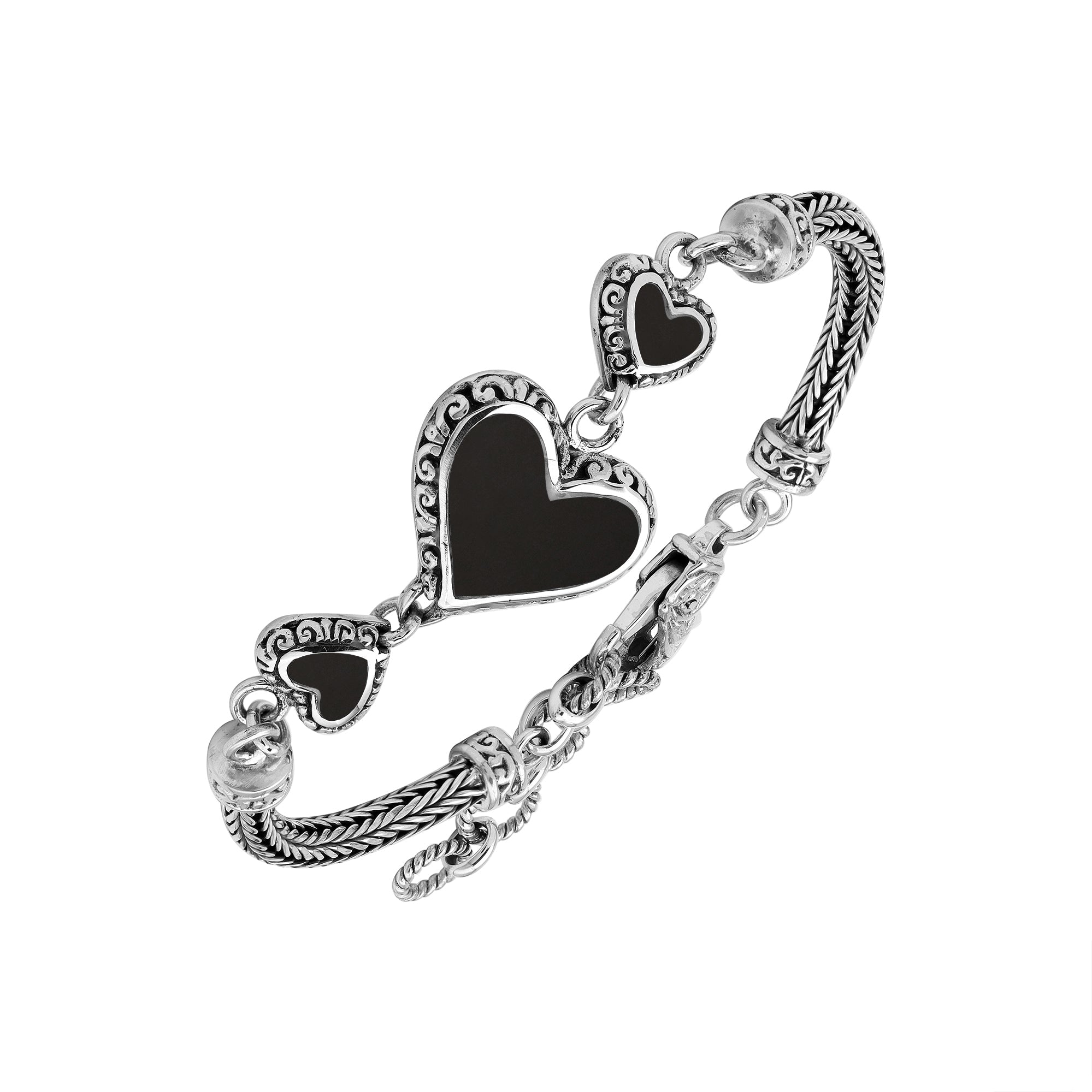 AB-7038-SHB Sterling Silver Heart Shape Bracelet With Black Shell