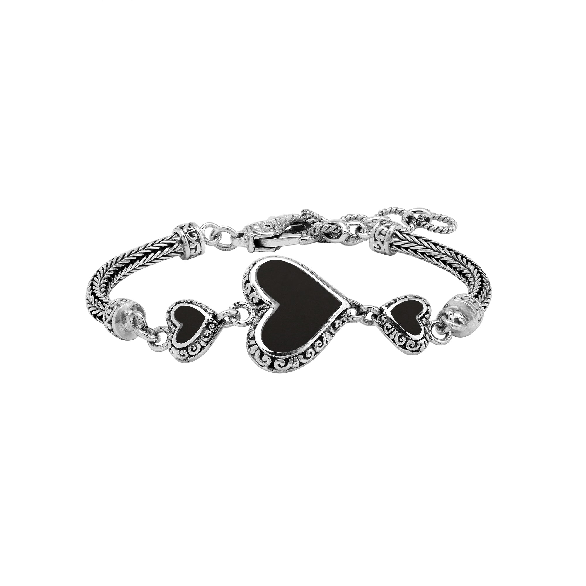 AB-7038-SHB Sterling Silver Heart Shape Bracelet With Black Shell