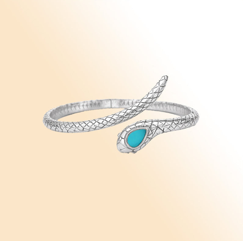 Sterling silver Turquoise Shell coiled serpent statement cuff bracelet with artisan finish