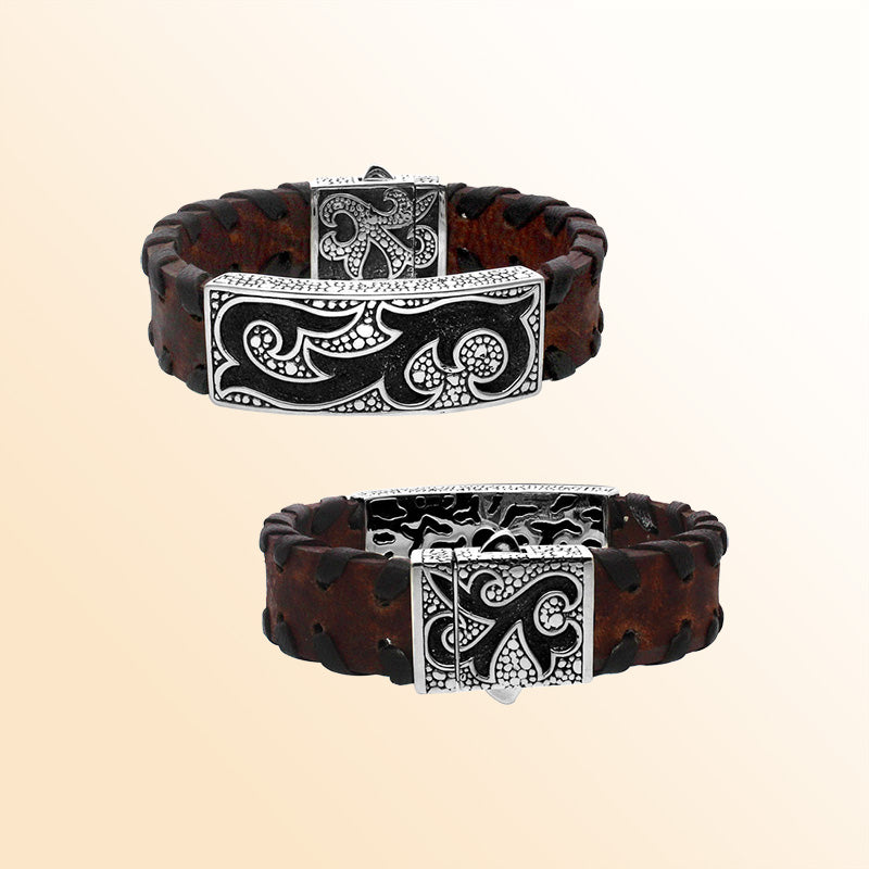 Handcrafted sterling silver and brown leather bracelet featuring Balinese engravings, an 8-inch fit, and a secure box clasp for stylish men’s everyday and statement wear.