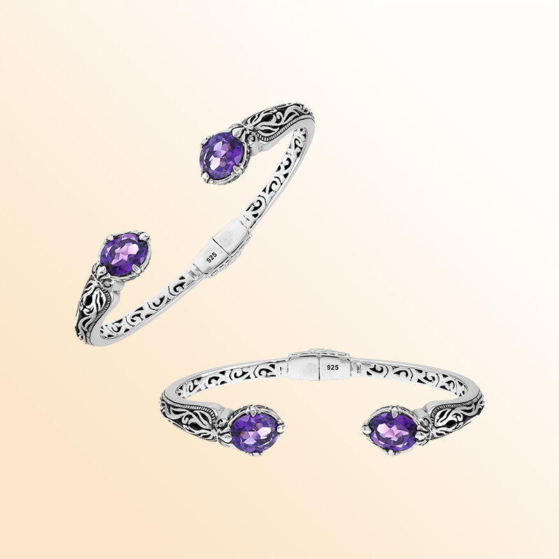 Vintage sterling silver Amethyst Quartz cuff bracelet with handcrafted Balinese detailing