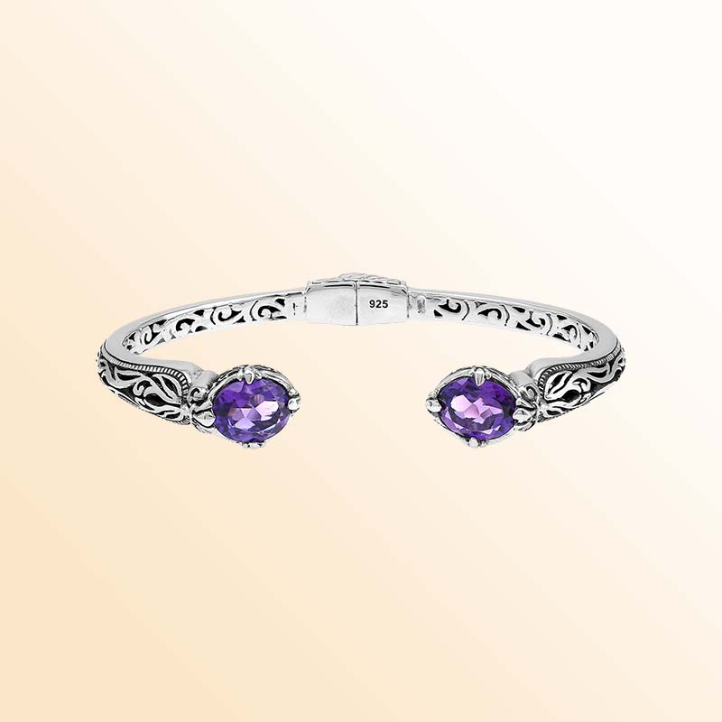 Vintage sterling silver Amethyst Quartz cuff bracelet with handcrafted Balinese detailing