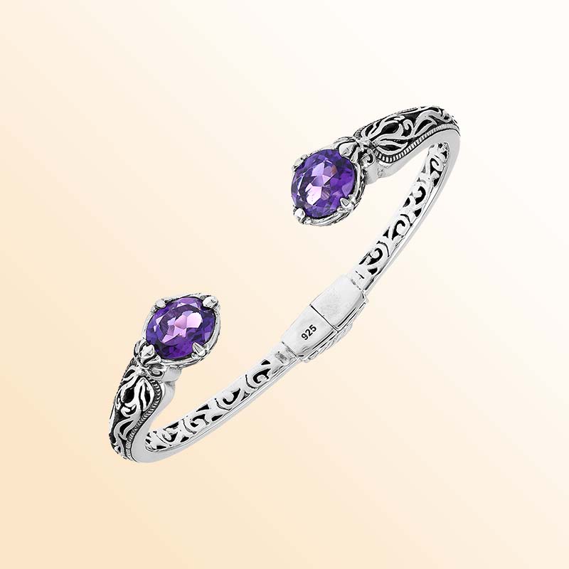 Vintage sterling silver Amethyst Quartz cuff bracelet with handcrafted Balinese detailing