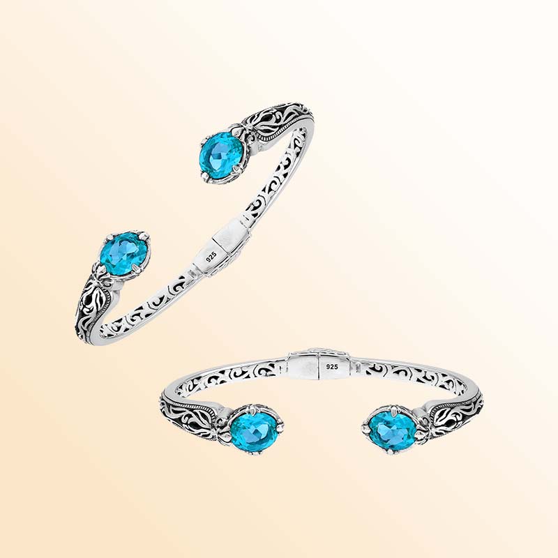 Vintage sterling silver Blue Topaz Quartz cuff bracelet with handcrafted Balinese detailing