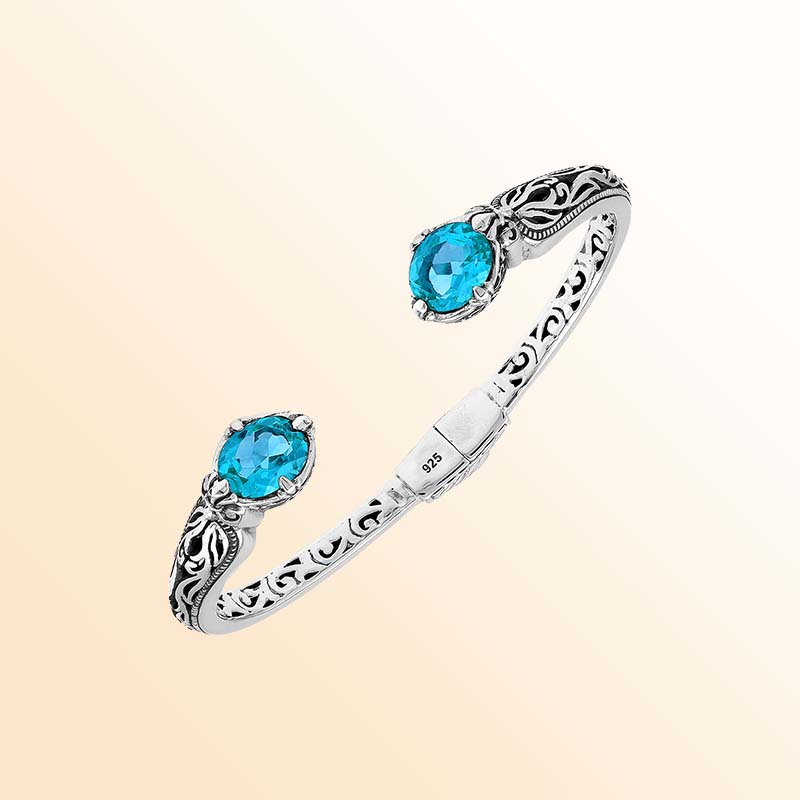 Vintage sterling silver Blue Topaz Quartz cuff bracelet with handcrafted Balinese detailing