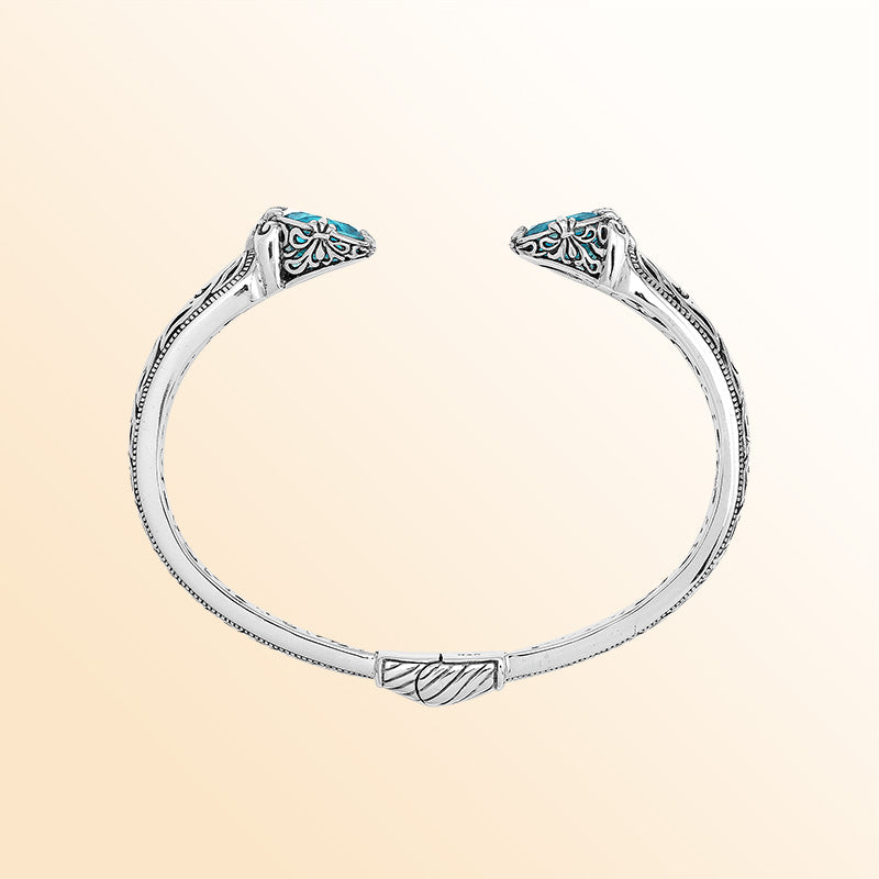 Vintage sterling silver Blue Topaz Quartz cuff bracelet with handcrafted Balinese detailing