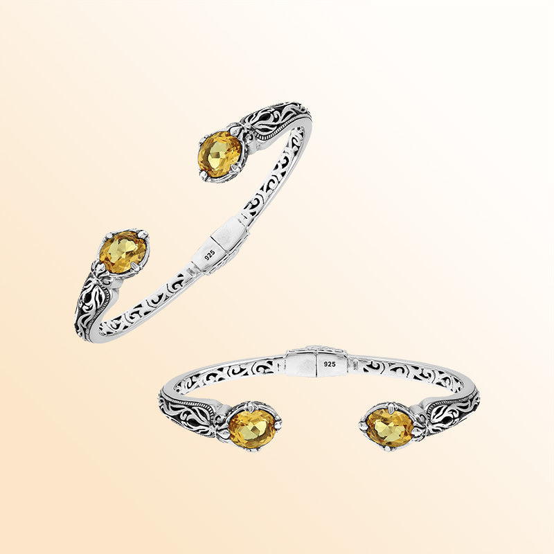 Vintage sterling silver Citrine Quartz cuff bracelet with handcrafted Balinese detailing