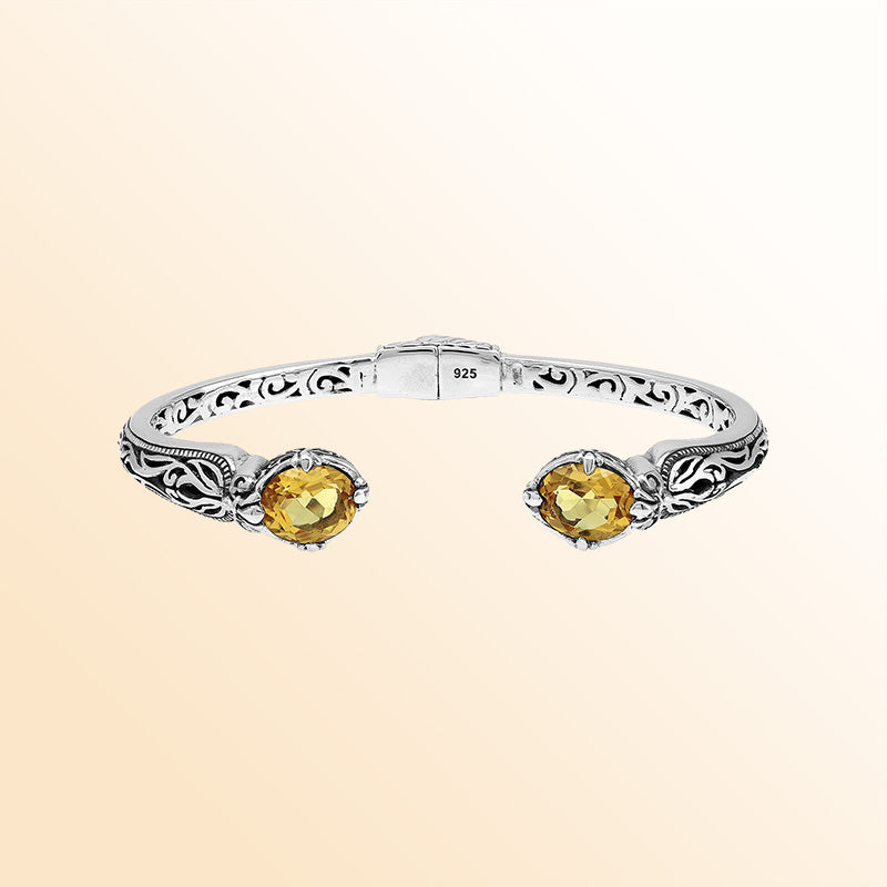 Vintage sterling silver Citrine Quartz cuff bracelet with handcrafted Balinese detailing