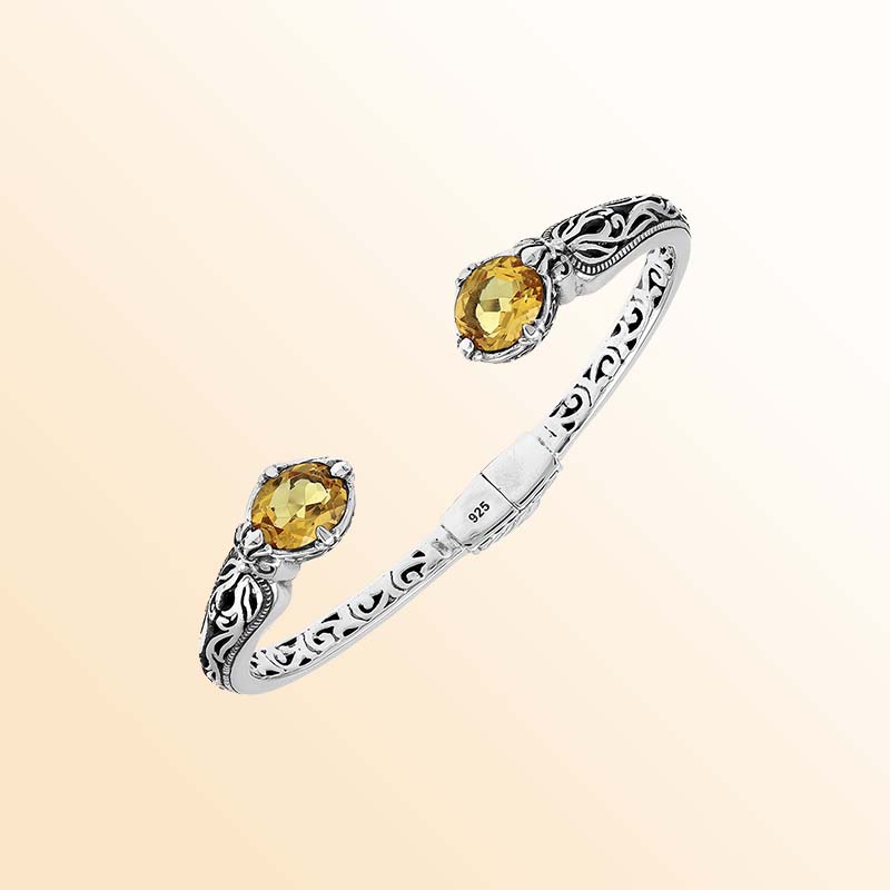 Vintage sterling silver Citrine Quartz cuff bracelet with handcrafted Balinese detailing