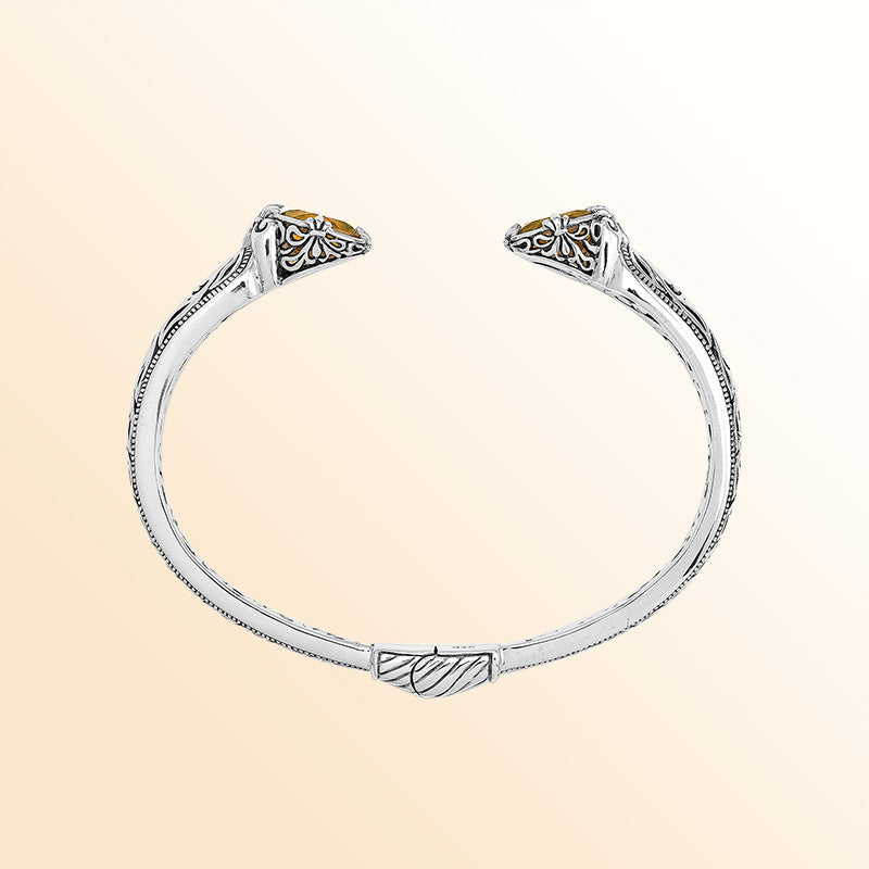 Vintage sterling silver Citrine Quartz cuff bracelet with handcrafted Balinese detailing