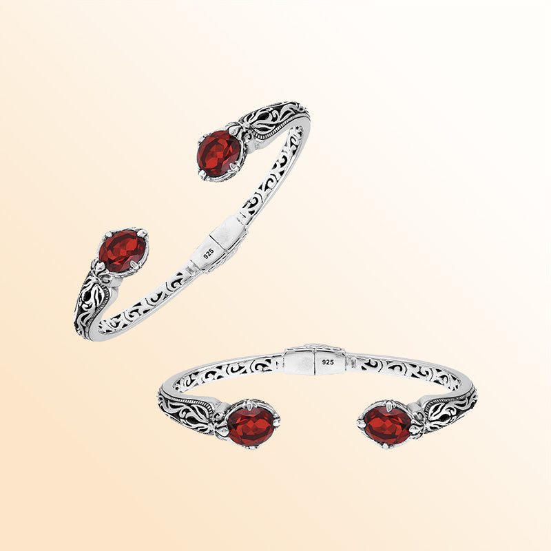 Vintage sterling silver Garnet Quartz cuff bracelet with handcrafted Balinese detailing