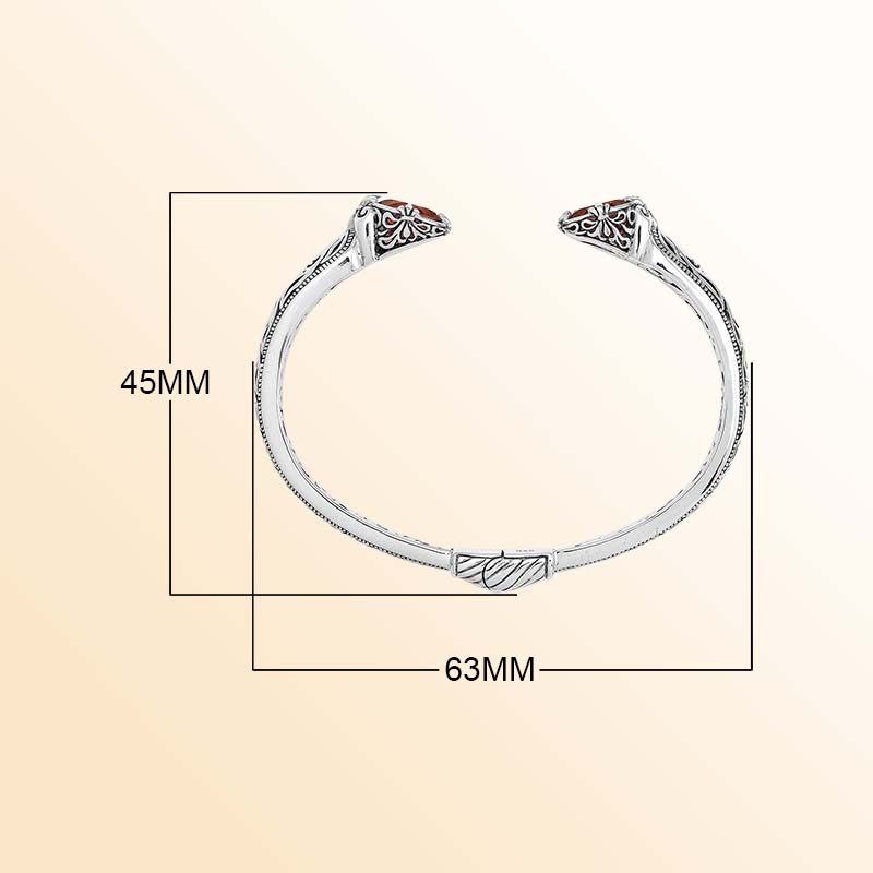 Vintage sterling silver Garnet Quartz cuff bracelet with handcrafted Balinese detailing
