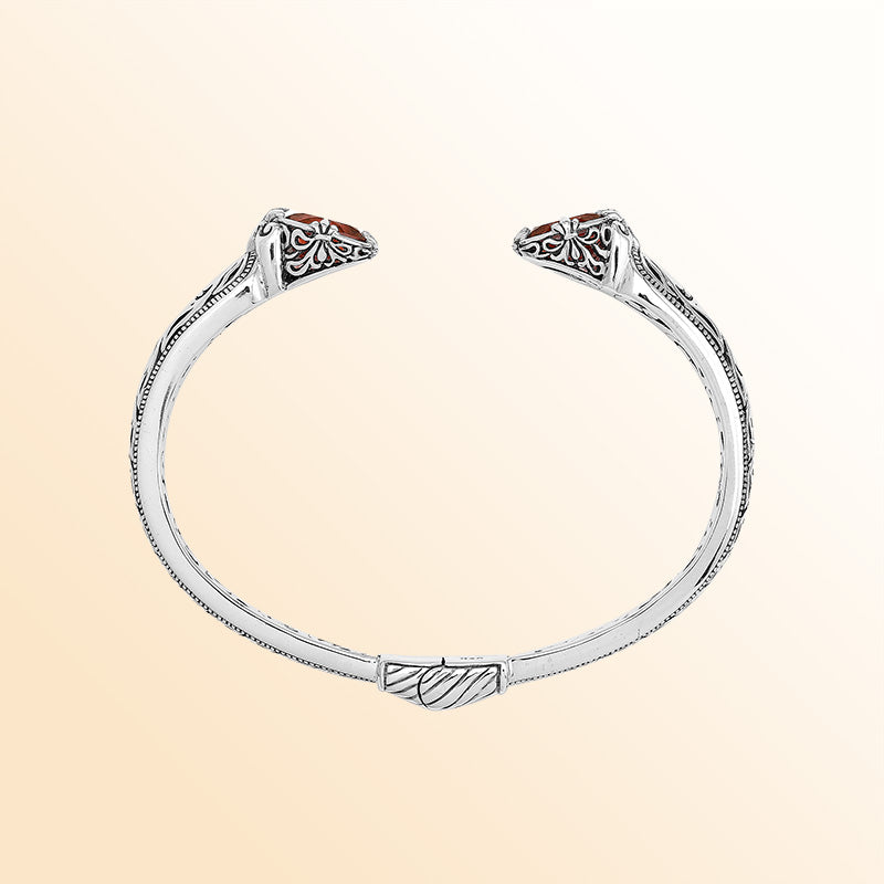 Vintage sterling silver Garnet Quartz cuff bracelet with handcrafted Balinese detailing