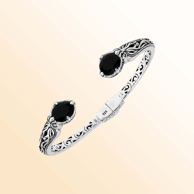 Handcrafted sterling silver Black Onyx cuff bracelet with decorative Balinese details