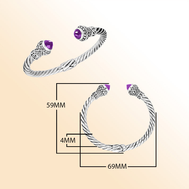 Handcrafted sterling silver cable cuff bracelet featuring faceted amethyst quartz end caps, 4MM band size, hinge lock, and ornate Balinese scrollwork.