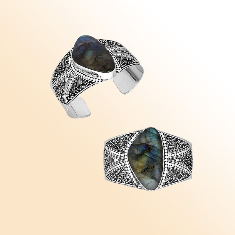 Sterling Silver Labradorite Bali Filigree Artisan Cuff Bracelet Crafted For Elegant Spiritual And Statement Jewelry Lovers