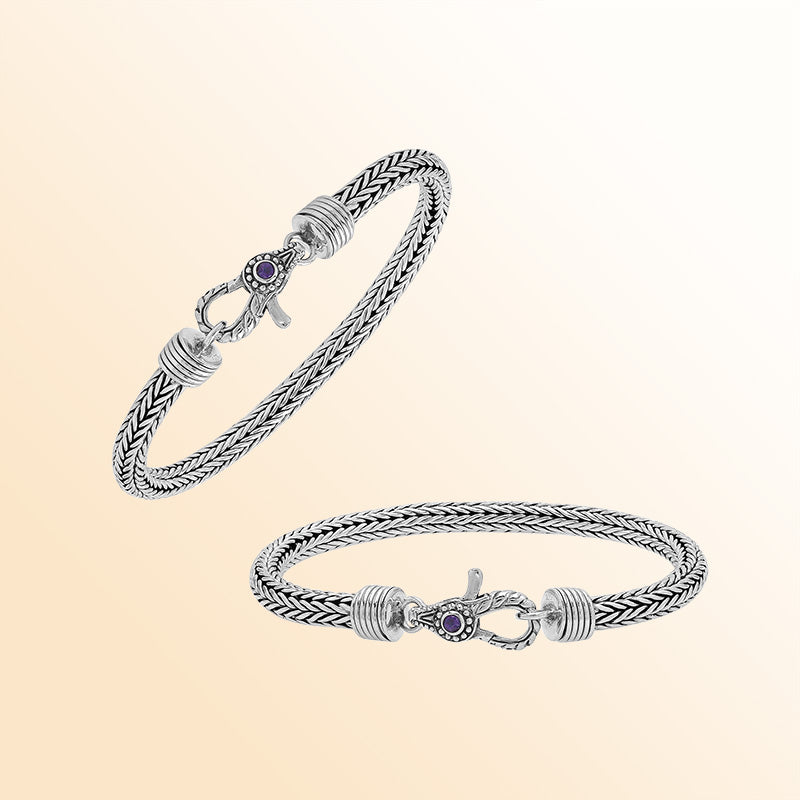 Sterling silver 5MM Bali woven chain bracelet featuring an artistic lobster lock and polished–oxidized details, crafted for modern everyday wear with traditional craftsmanship.