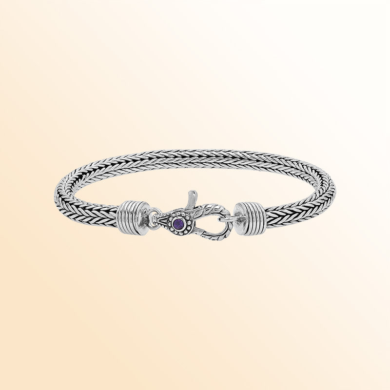 Sterling silver 5MM Bali woven chain bracelet featuring an artistic lobster lock and polished–oxidized details, crafted for modern everyday wear with traditional craftsmanship.