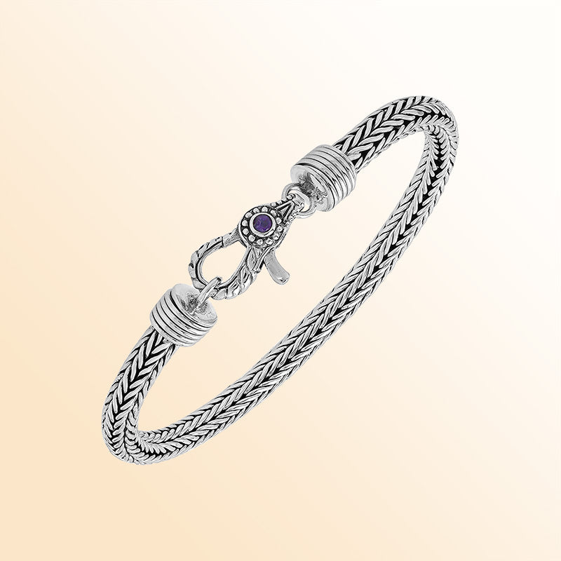 Sterling silver 5MM Bali woven chain bracelet featuring an artistic lobster lock and polished–oxidized details, crafted for modern everyday wear with traditional craftsmanship.