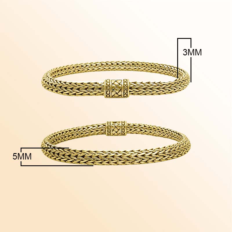 18K gold woven Bali chain bracelet featuring an artistic push clasp and high-polish finish, designed for women who enjoy refined luxury jewelry.