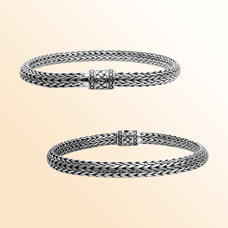 Sterling silver woven chain bracelet with decorative handcrafted clasp made in Bali