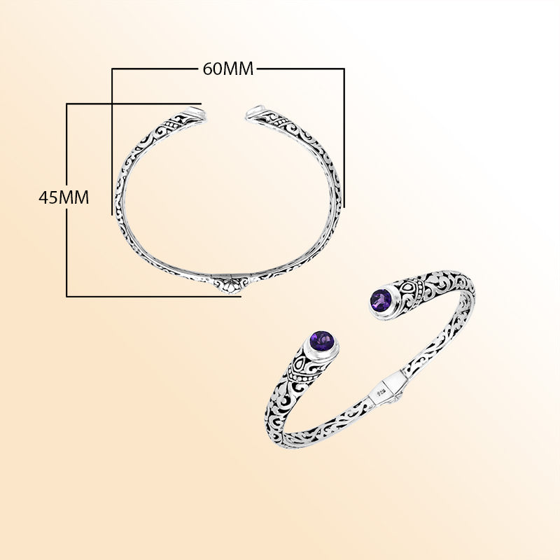 Sterling silver Bali engraved hinge cuff bracelet featuring radiant amethyst quartz stones and polished–oxidized detailing, crafted for individuals who value expressive and artistic handcrafted jewelry.
