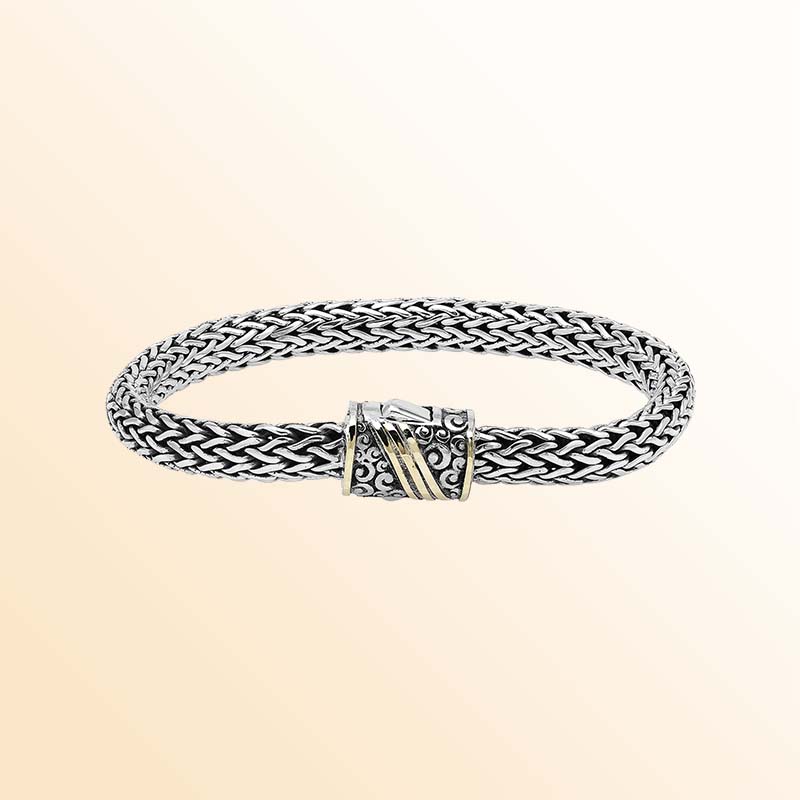 Handcrafted Sterling Silver & 18K Gold Bali Wheat Bracelet With Ornate Dual-Tone Scrollwork Clasp And Artisan Detailing