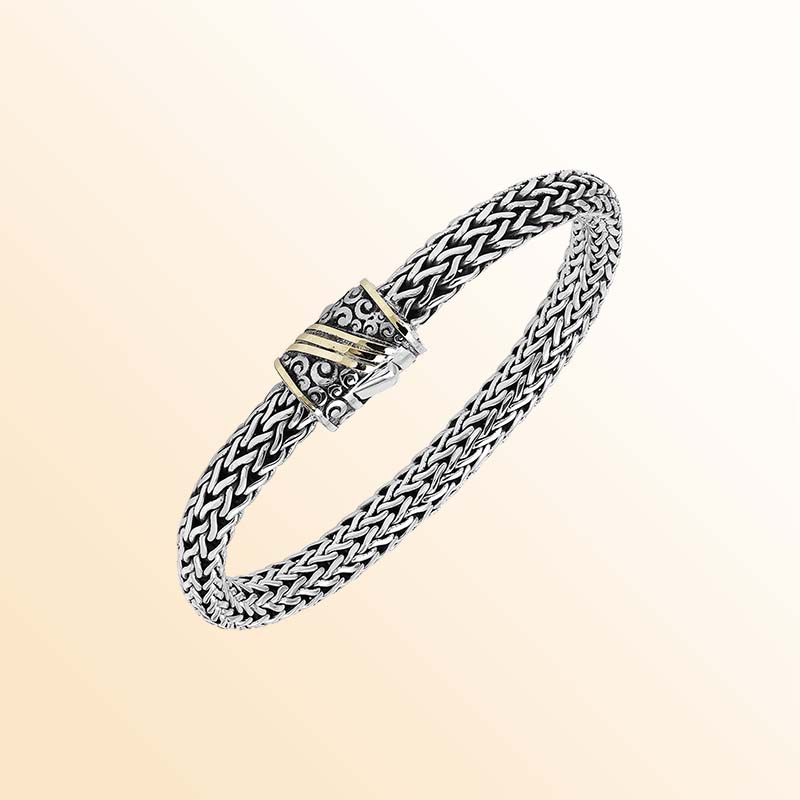 Handcrafted Sterling Silver & 18K Gold Bali Wheat Bracelet With Ornate Dual-Tone Scrollwork Clasp And Artisan Detailing