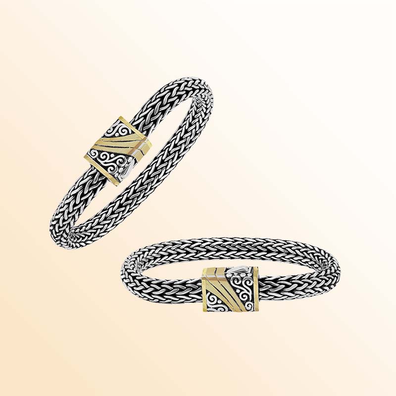 Handcrafted Sterling Silver & 18K Gold Bali Wheat Bracelet With Swirl-Pattern Dual-Tone Clasp And Artisan Detailing