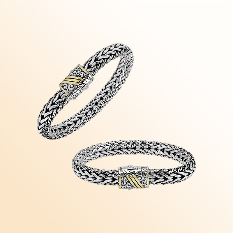 Handcrafted Sterling Silver & 18K Gold Bali Wheat Bracelet With Swirl Engraved Dual-Tone Clasp And Artisan Styling