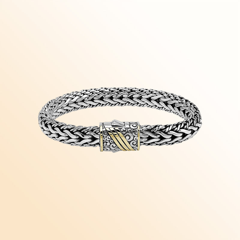 Handcrafted Sterling Silver & 18K Gold Bali Wheat Bracelet With Swirl Engraved Dual-Tone Clasp And Artisan Styling